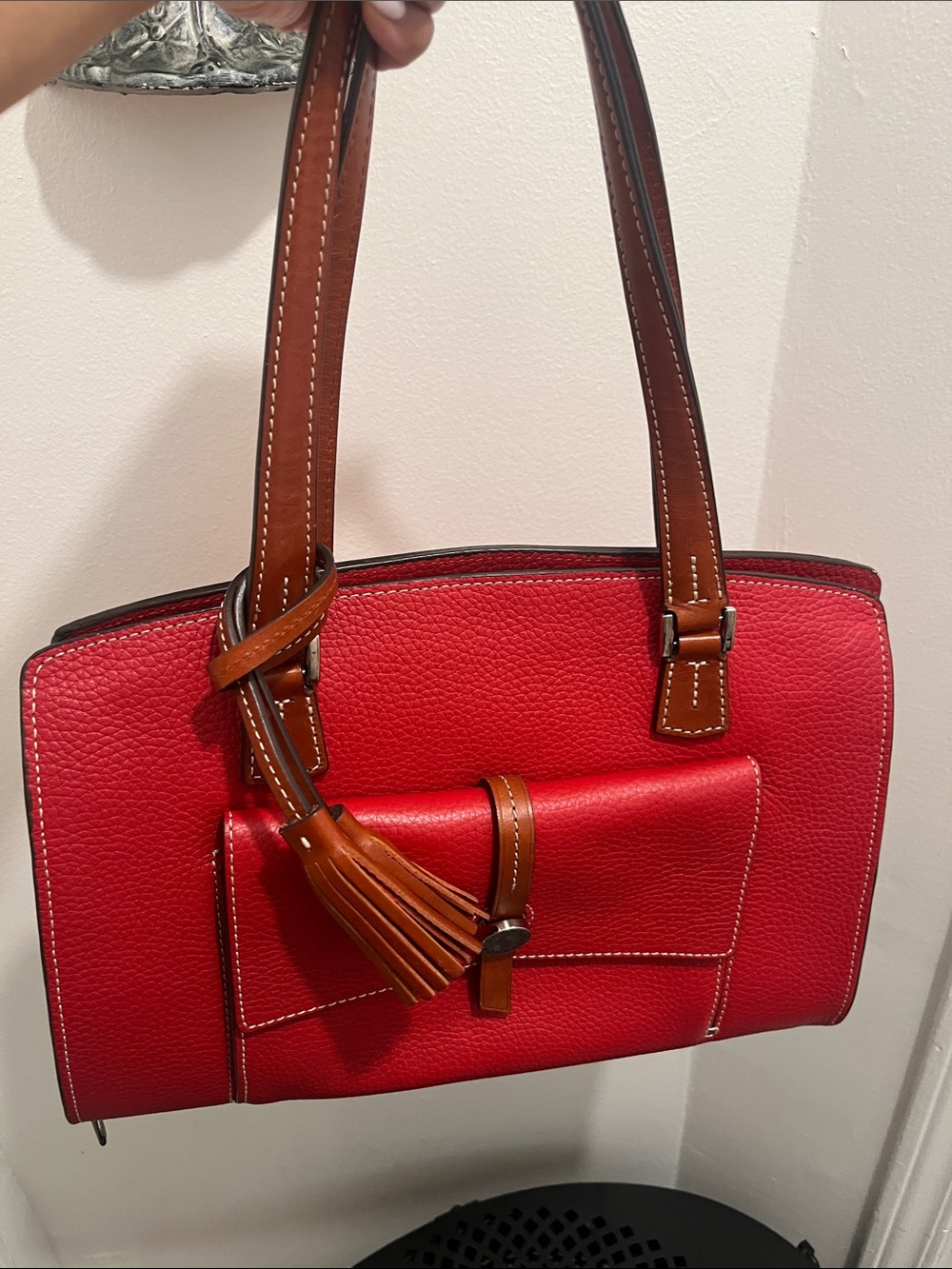 Dooney & Bourke Red Leather Shoulder Bag with Brown Trim